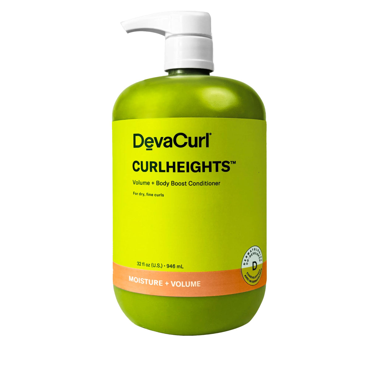 DevaCurl front packaging of CurlHeights conditioner showing size and branding benefit volume