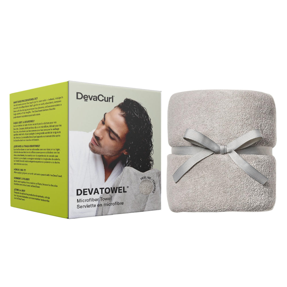 DevaCurl gray DevaTowel front packaging showing size and benefits
