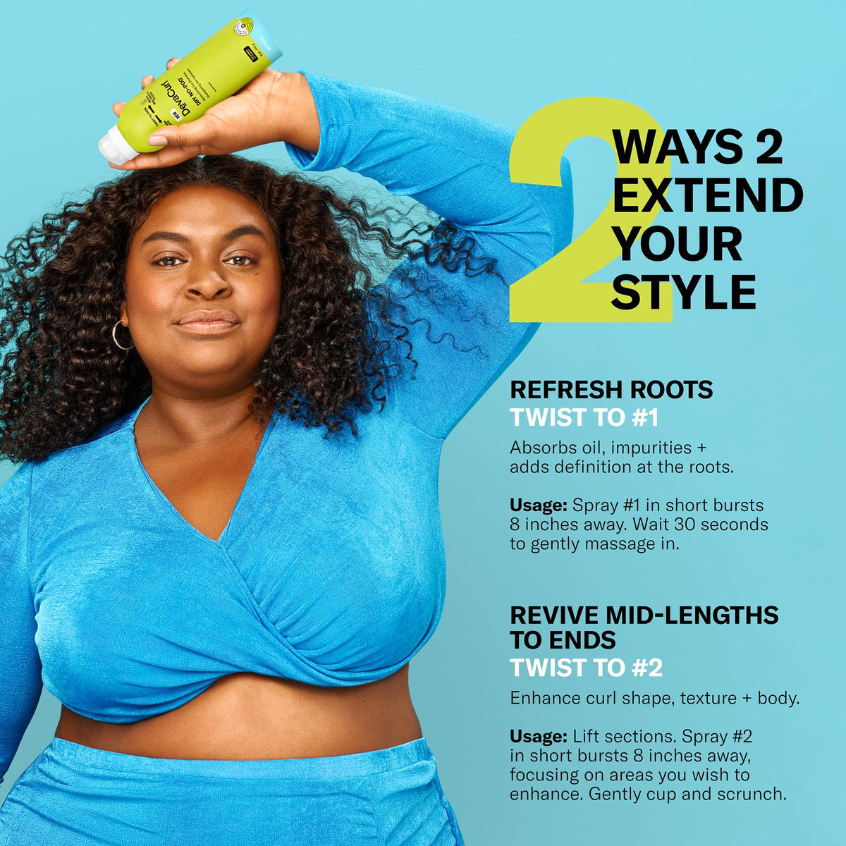 DevaCurl refreshing curls mid-lengths, illustrates enhanced curl shape and texture