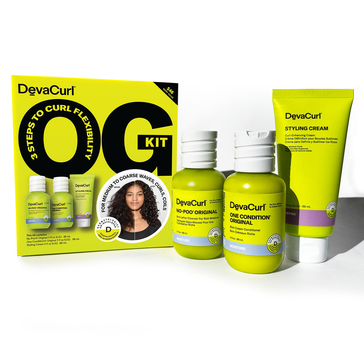 DevaCurl OG Kit front packaging showing full travel trio and clear benefit