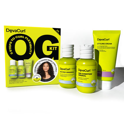 DevaCurl OG Kit front packaging showing full travel trio and clear benefit