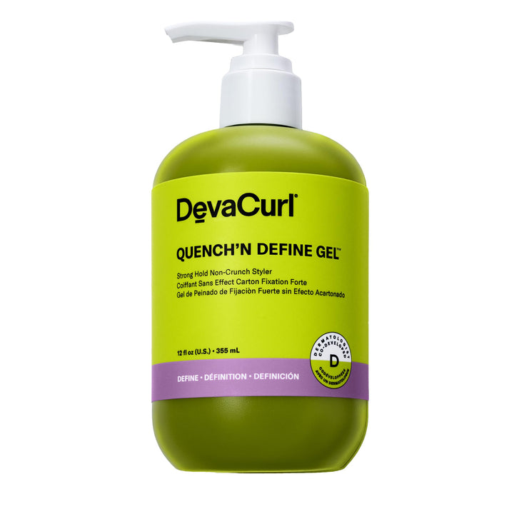 DevaCurl front packaging of Quench'n Define Gel showing product label and benefits