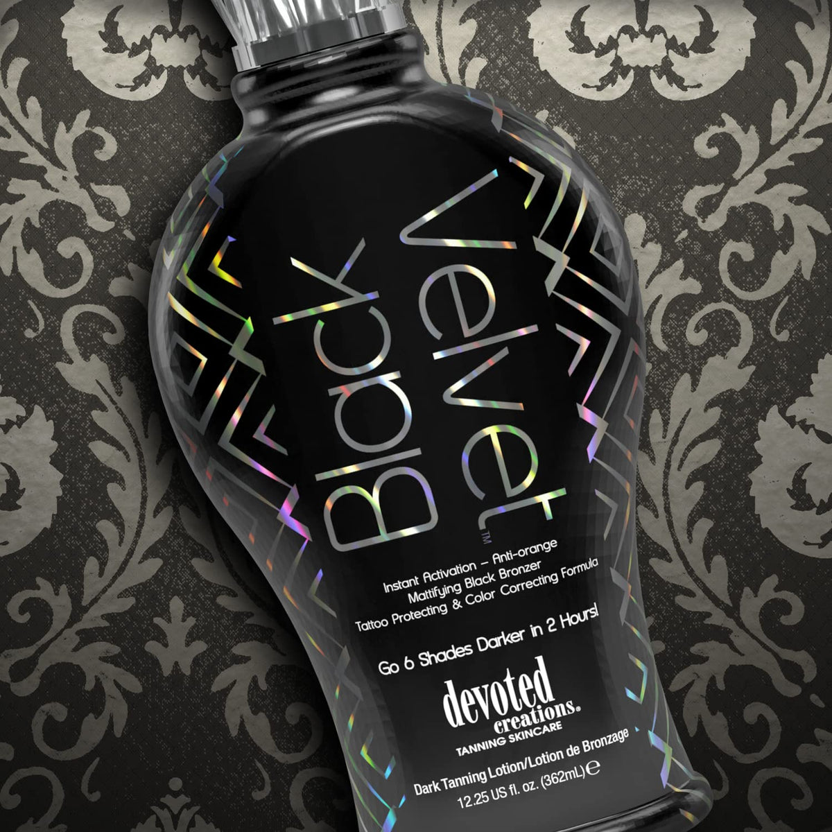 Devoted Creations bottle beside measuring tape showing 12.25 oz size and professional capacity benefit