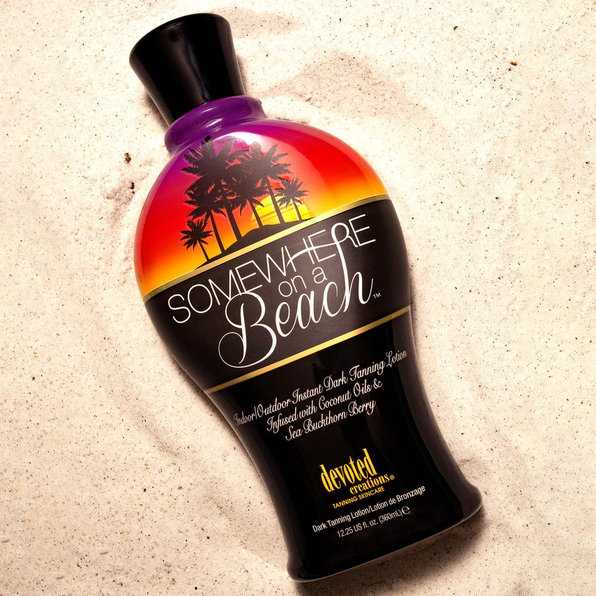Devoted Creations bottle beside coconut and sea buckthorn berries for skin-nourishing benefits