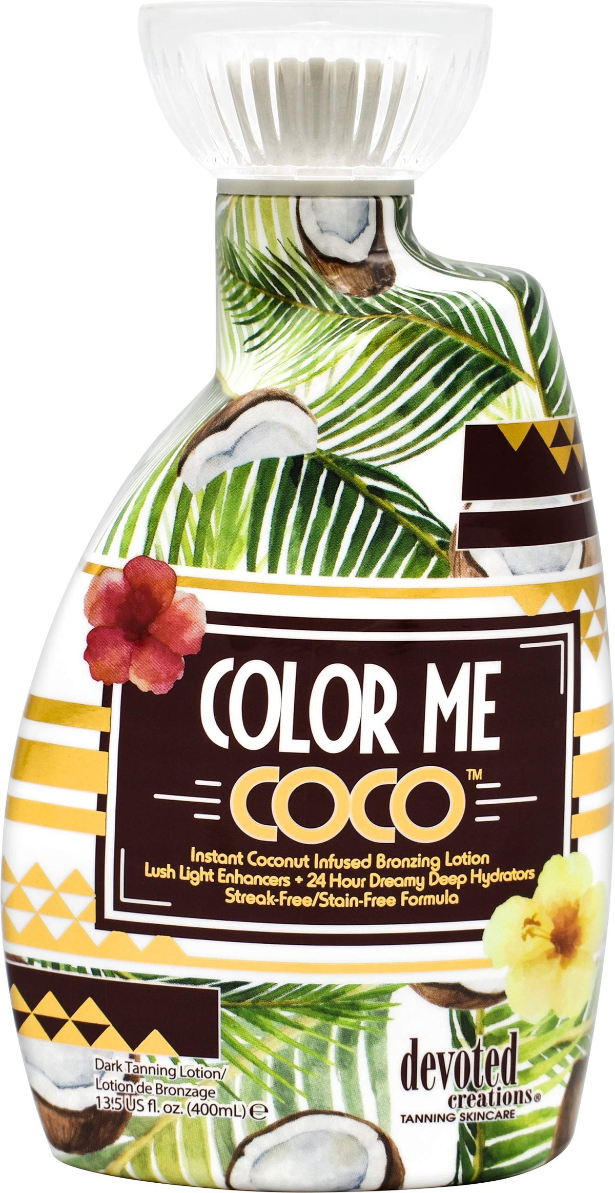 Devoted Creations front packaging showing 13.5 oz bottle and coconut scent, for even tan