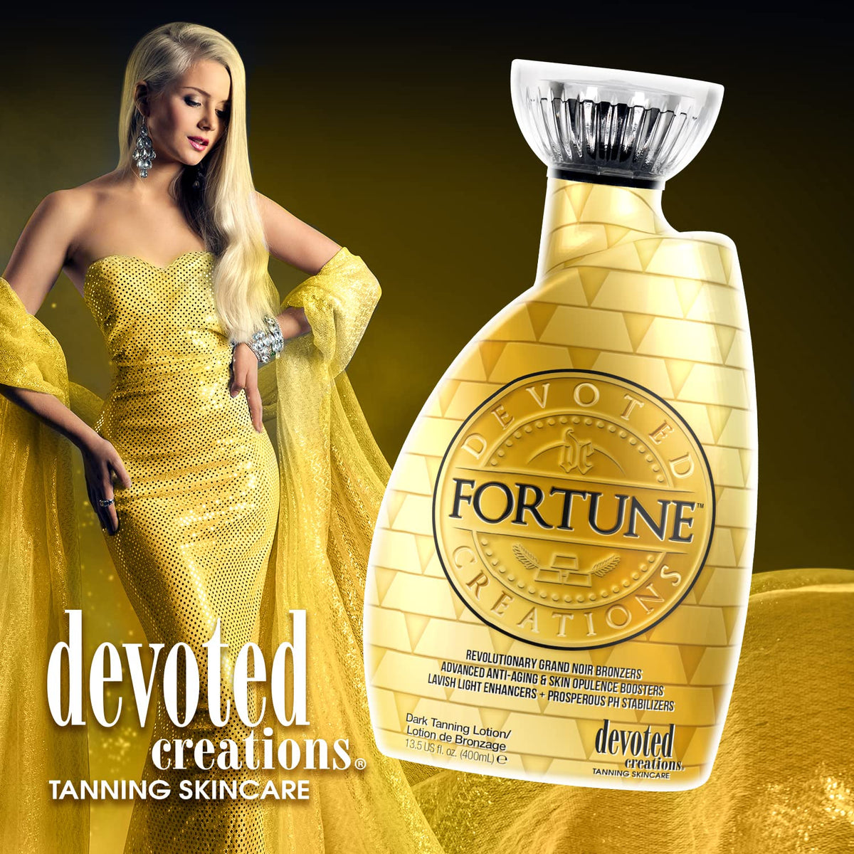 Devoted Creations label close-up showing active bronzers and pH balancing info