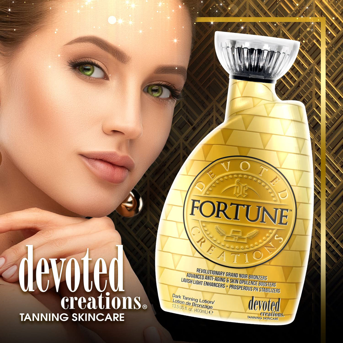 Devoted Creations bottle beside hand for scale, highlights 13.5 oz size