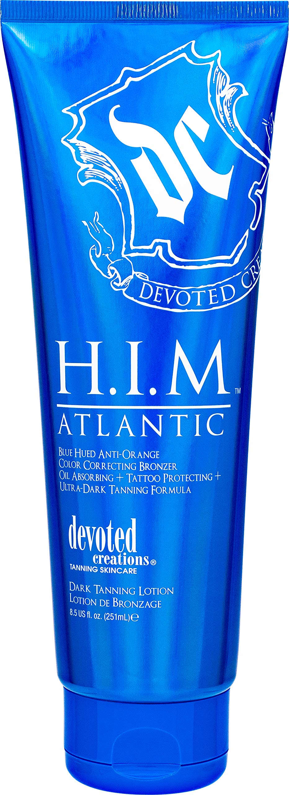 Devoted Creations H.I.M Atlantic front packaging showing bottle and blue-hued bronzer benefits