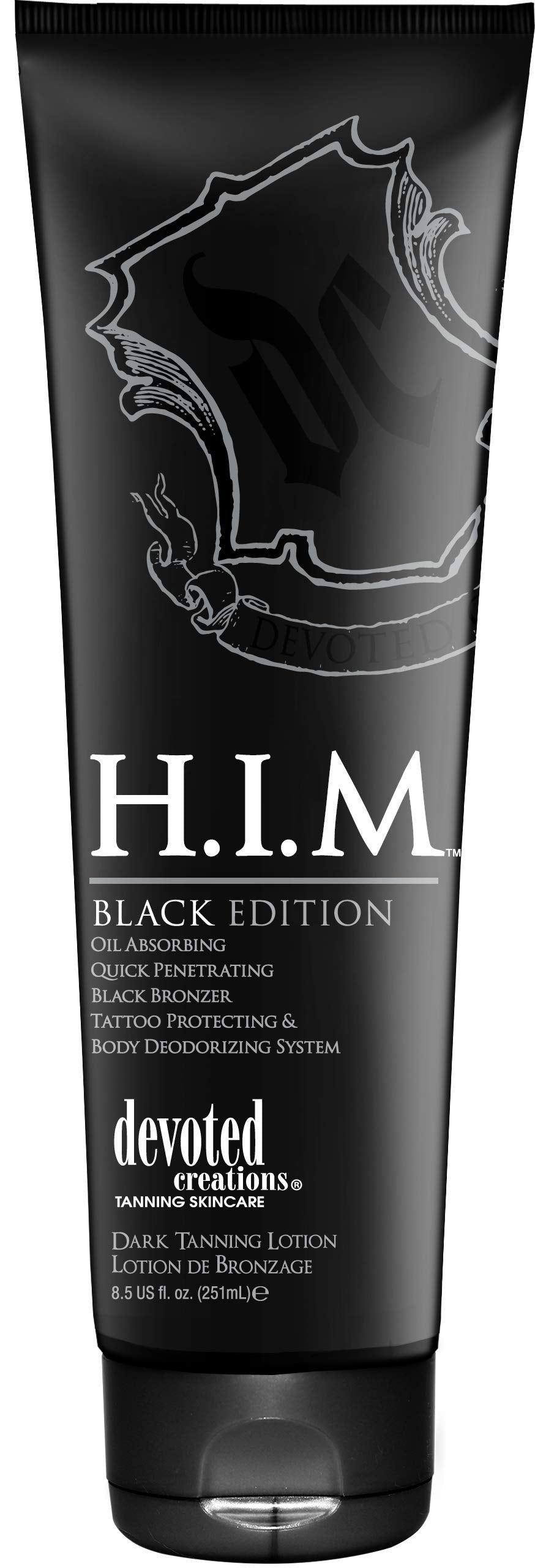 Devoted Creations H.I.M. Black Edition front packaging showing product and quick-absorbing finish