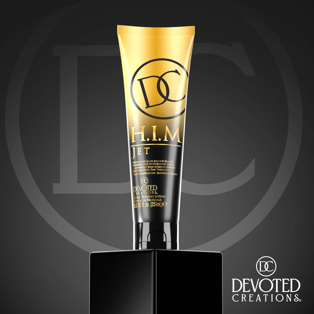 Devoted Creations HIM Jet creamy lotion texture illustrating smooth spreadability