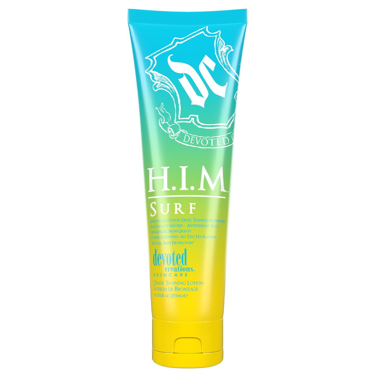 Devoted Creations HIM Surf front bottle showing product branding and hydrating benefits