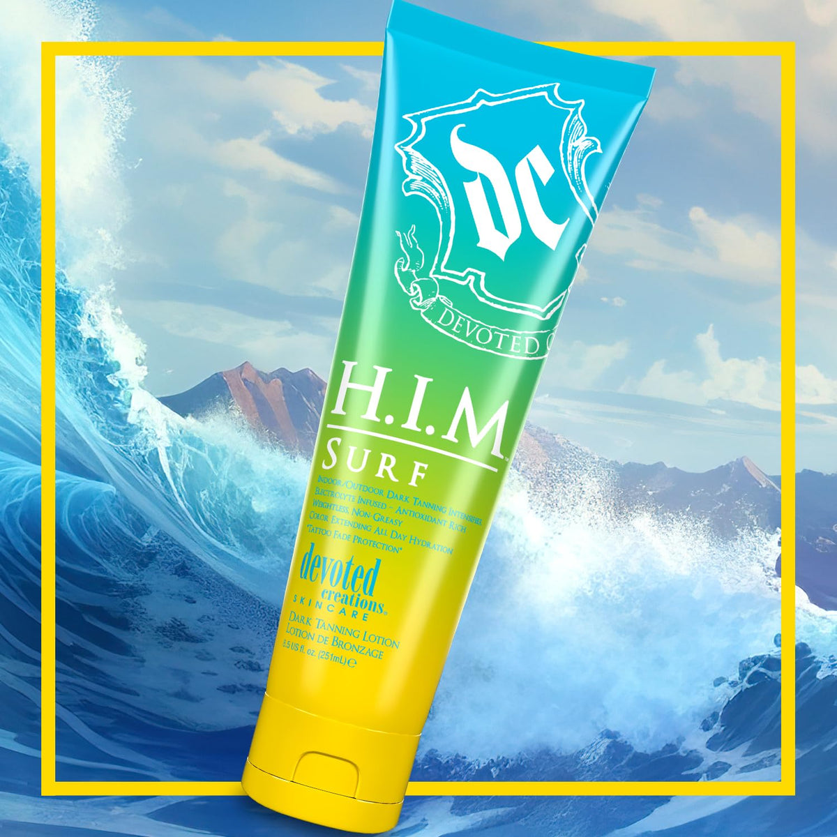 Devoted Creations HIM Surf packaging label detail showing ingredient callouts for electrolytes