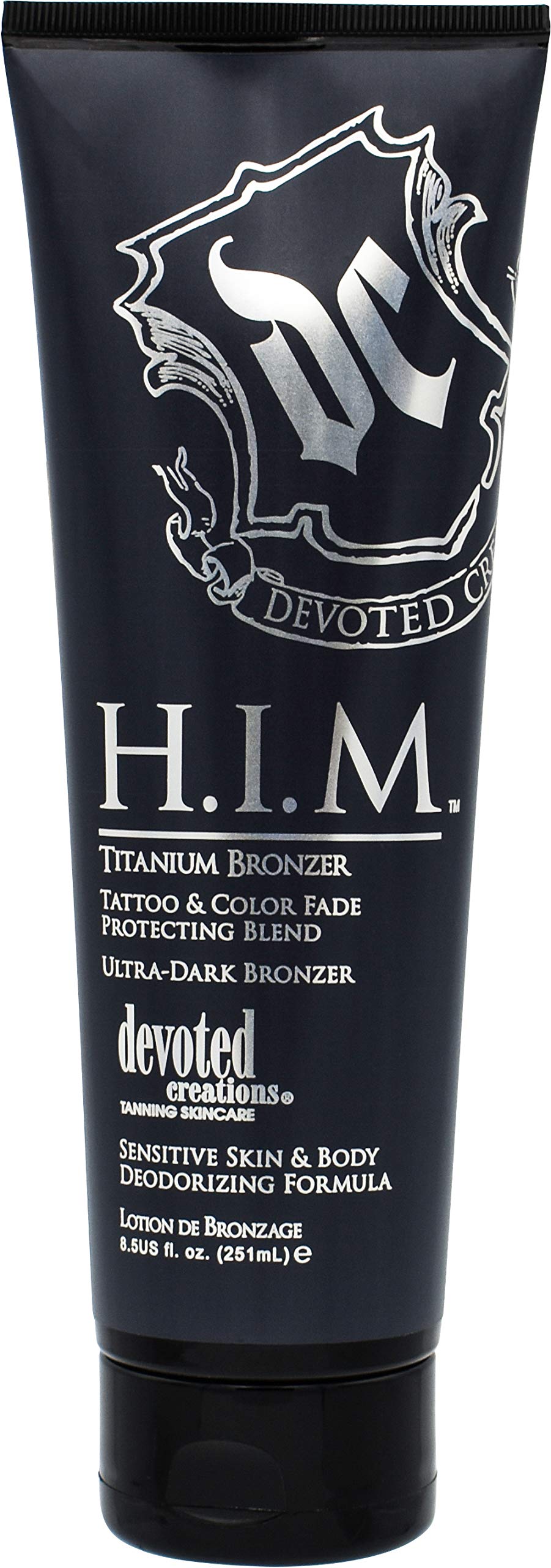 Devoted Creations H.I.M. titanium bronzer tube front view showing label and tube design
