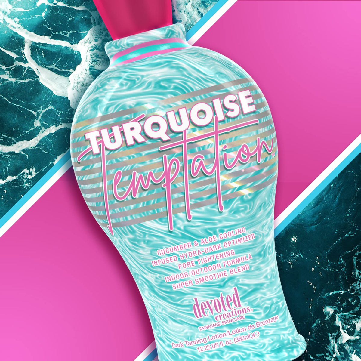 Devoted Creations tube in beach bag showing travel-ready tanning benefit