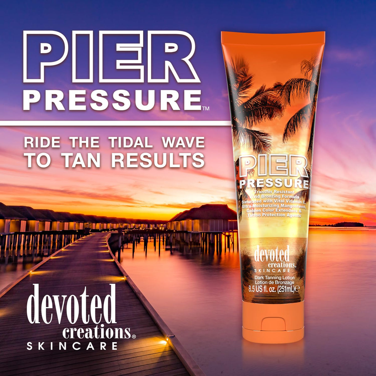 Devoted Creations Pier Pressure in a beach bag scene, showing portability and ready-for-sun benefit