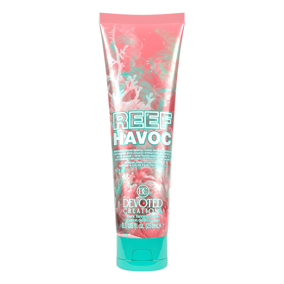 Devoted Creations front packaging showing bronzing lotion and bold label benefits