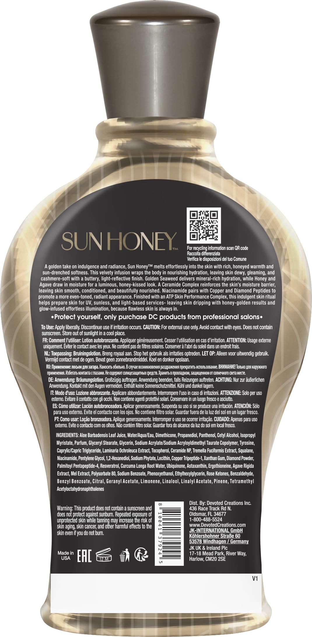 Devoted Creations Sun Honey pump top and label showing product details