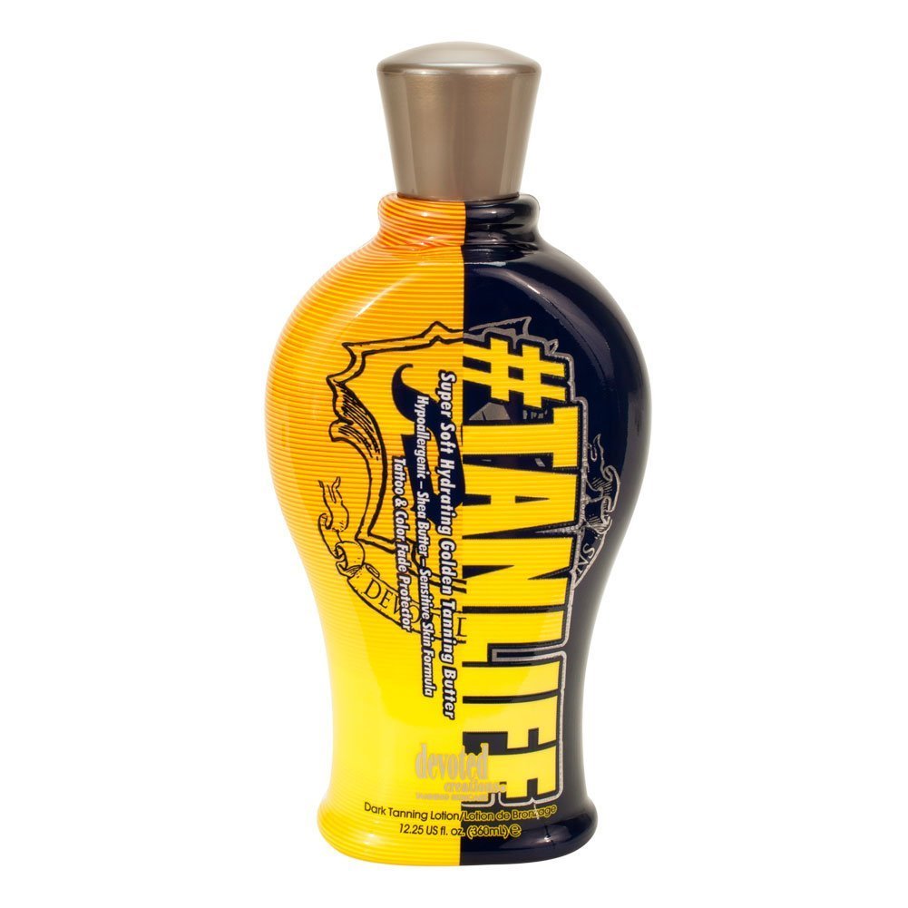 Devoted Creations #Tanlife front tube view shows label and deep-tan promise
