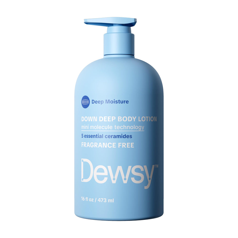 Dewsy front packaging 16oz bottle highlighting unscented moisturizer benefits