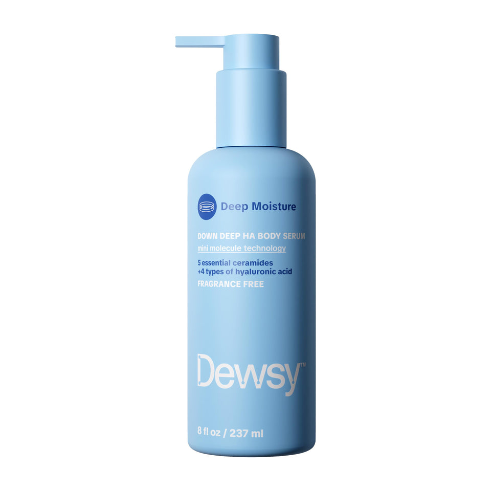 Dewsy front packaging showing unscented body serum and benefits