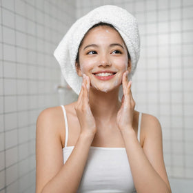 Dewvia on bathroom shelf lifestyle shot conveying premium routine appeal