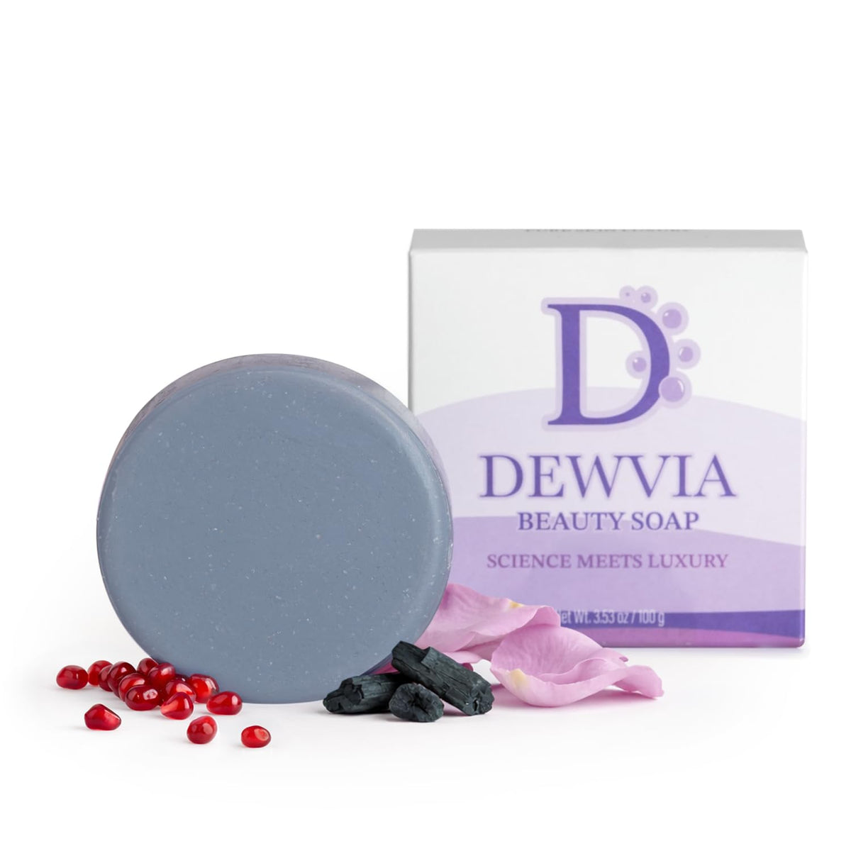 Dewvia front packaging shows the elegant facial soap bar and ingredients benefits