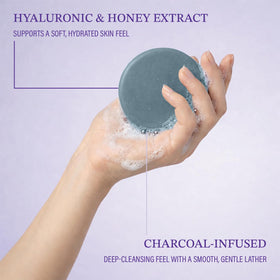 Dewvia lather in hand demonstrating rich foam for easy daily cleansing