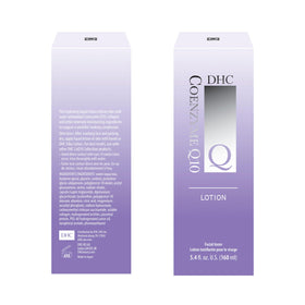 DHC CoQ10 lotion label close-up showing coenzyme Q10 and fragrance-free claims