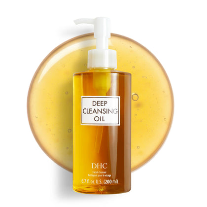DHC deep cleansing oil front packaging shows product and benefit of effective makeup removal