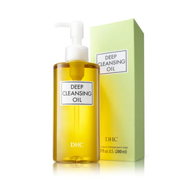 DHC deep cleansing oil next to ruler size comparison highlighting the 6.7 fl oz value