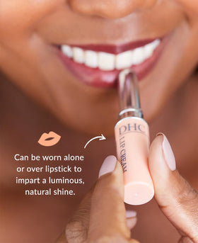 DHC lip cream applied on lips demonstrating natural shine and soothing comfort