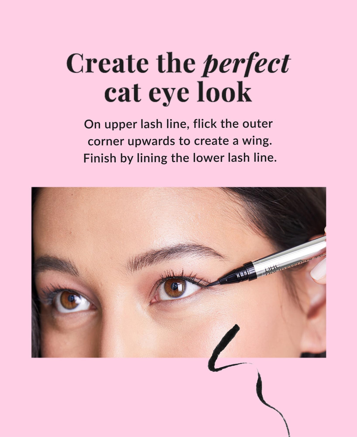 DHC model wearing a sharp winged eye look showing finished effect