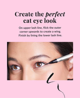 DHC model wearing a sharp winged eye look showing finished effect