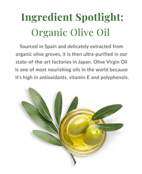 DHC ingredient label close-up highlighting organic olive oil and clean formula