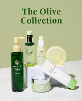 DHC cream on bathroom shelf in minimalist setting suggesting daily routine