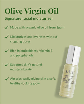 DHC Olive Virgin Oil mini bottle beside full size for scale and convenience