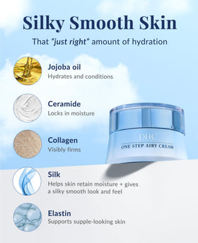 DHC ingredient label close-up highlighting ceramide and jojoba oil benefits