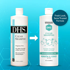 DHS clear shampoo back label detail highlighting ingredients and usage benefits