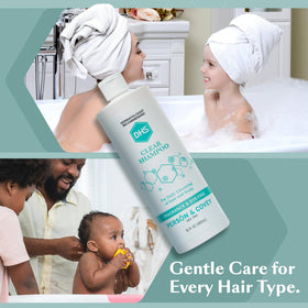 DHS clear shampoo in use under shower illustrating gentle wash and rinse benefit