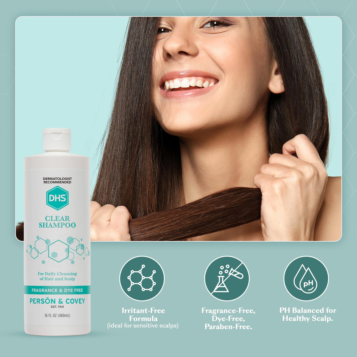 DHS clear shampoo on bathroom shelf styling for daily routine and calm skin benefit