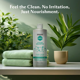 DHS clear shampoo ingredients flatlay showing PABA-free formula clarity and safety