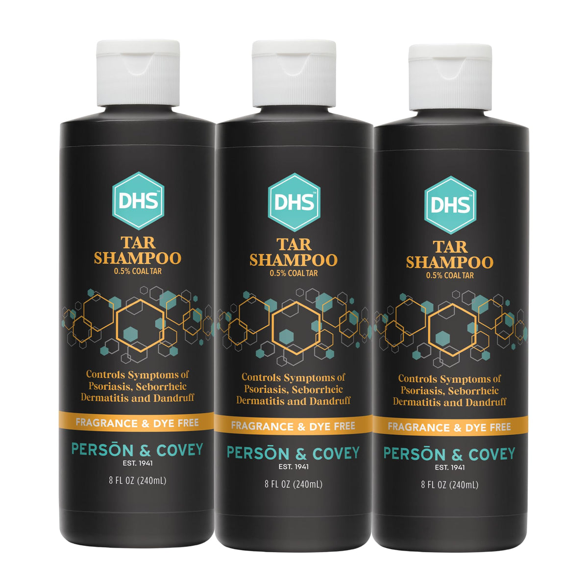 DHS coal tar shampoo front packaging showing bottle and label, promotes calm scalp