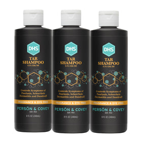 DHS coal tar shampoo front packaging showing bottle and label, promotes calm scalp