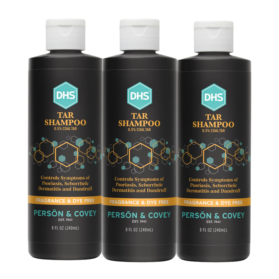 DHS coal tar shampoo front packaging showing bottle and label, promotes calm scalp