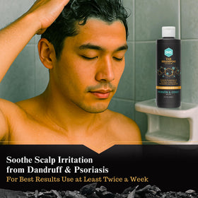 DHS coal tar shampoo in shower setting on shelf, supports easy at-home care