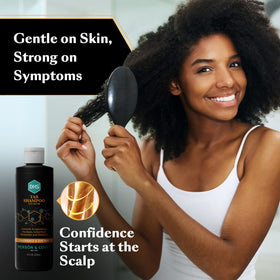 DHS coal tar shampoo lather on scalp demonstration, illustrates effective coverage