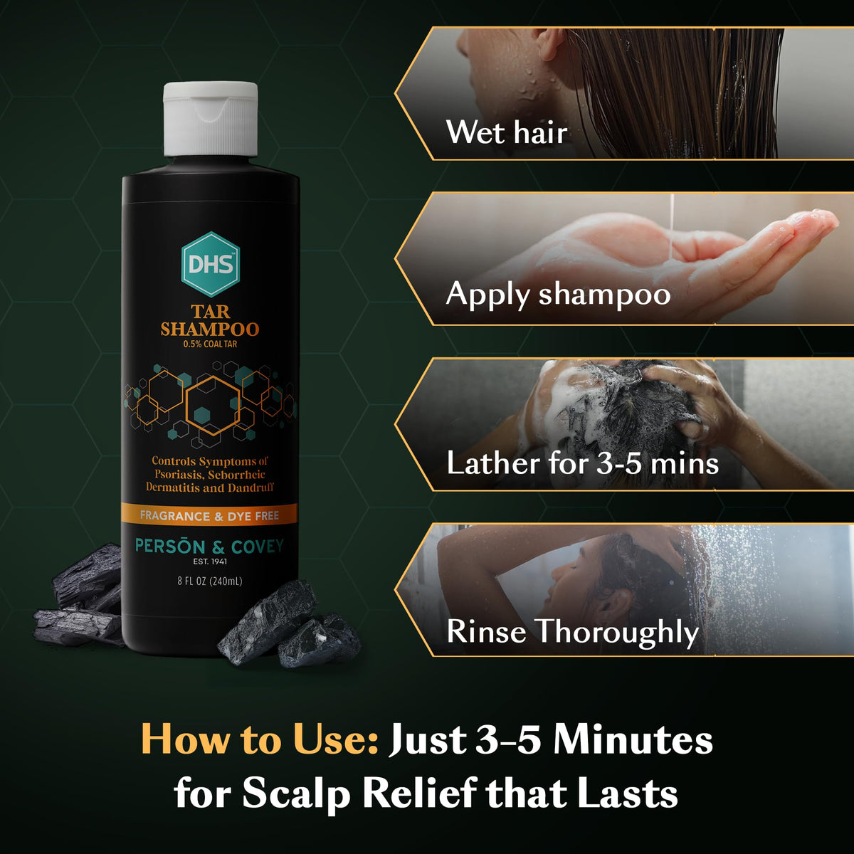 DHS coal tar shampoo three bottles pack shot, provides long-lasting supply