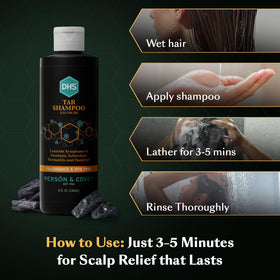 DHS coal tar shampoo three bottles pack shot, provides long-lasting supply