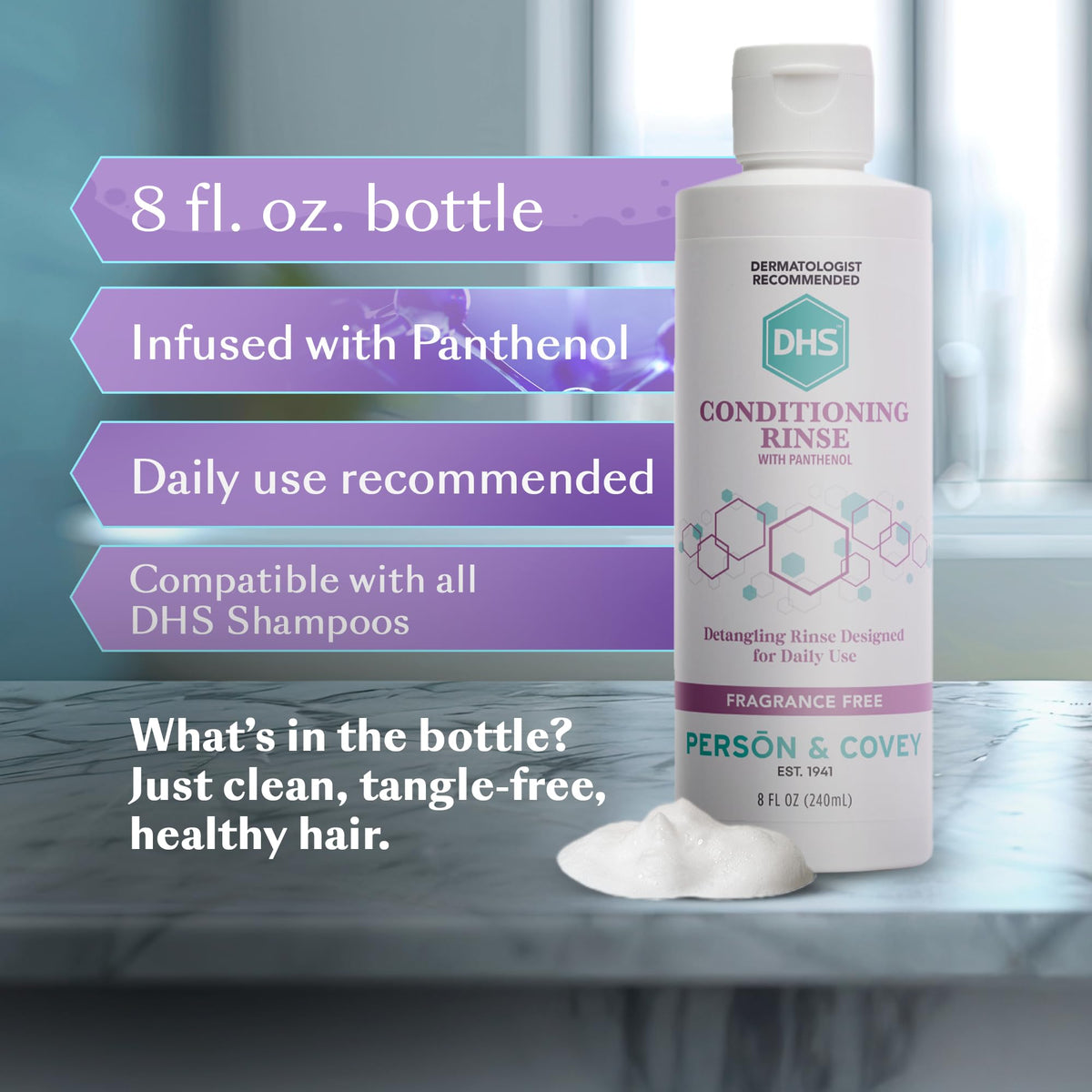 Hand holding DHS 8 oz bottle showing scale and travel-friendly size