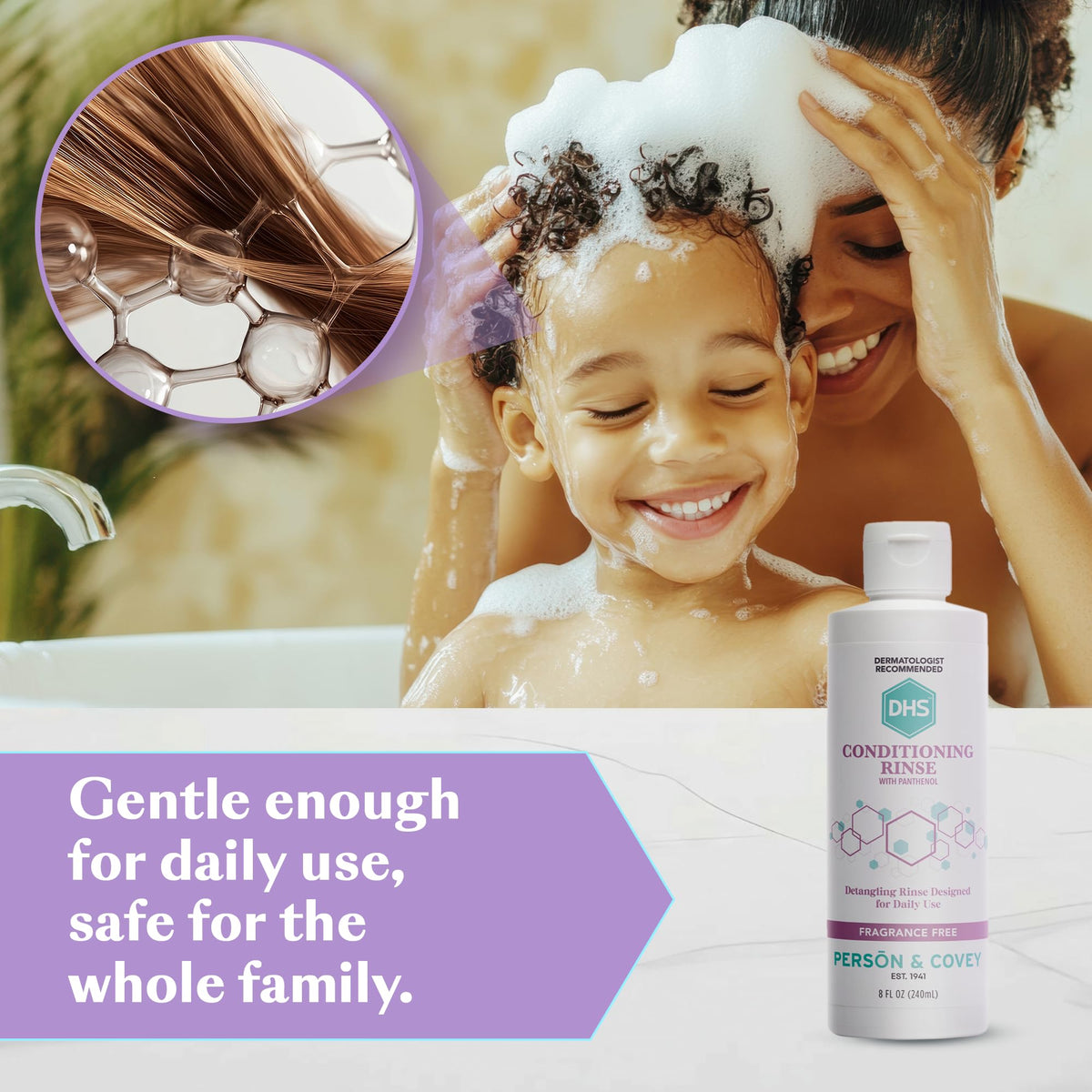 DHS Conditioning Rinse being applied in shower for detangling benefit